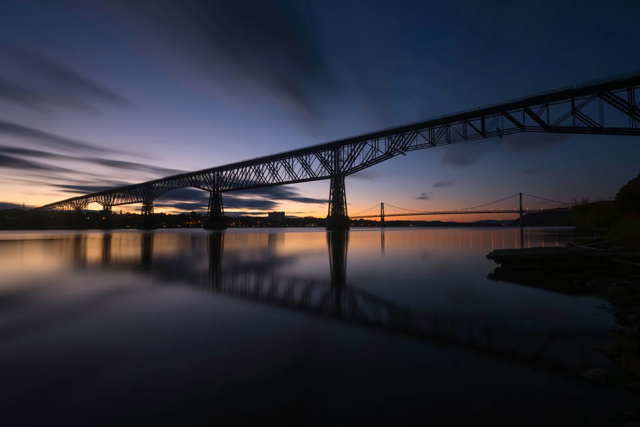 Hudson Valley bridges over the river at dusk